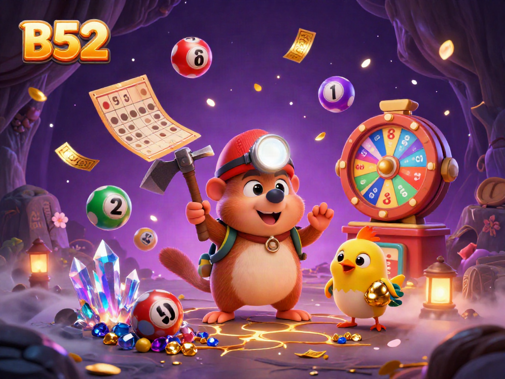Experience B52 gaming excitement with a treasure hunter and lottery elements in this vibrant 3D illustration.