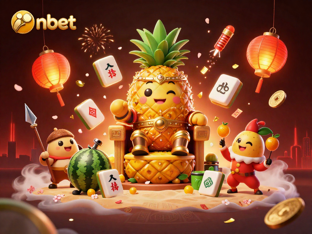 Experience the vibrant world of nbet with a golden pineapple king and tropical guards in a lively casino atmosphere.