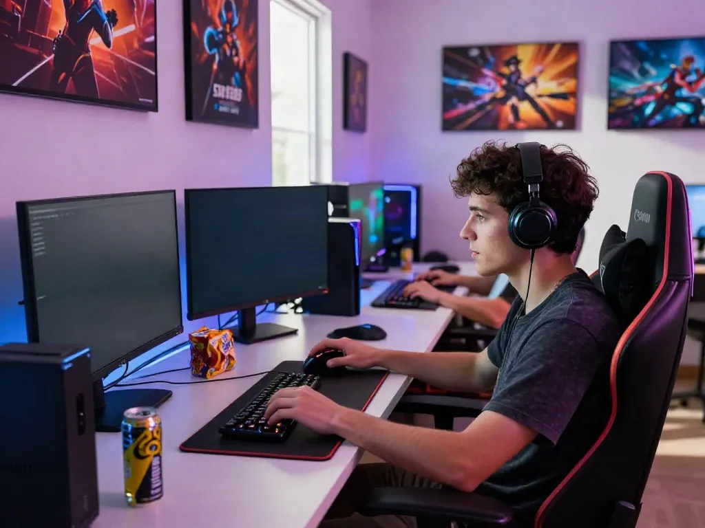 Engaged gamer intensely playing slot88 on a sleek modern setup