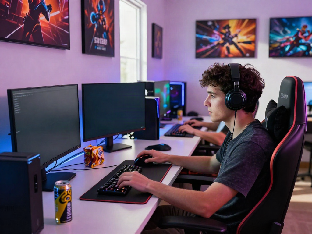 Engaged gamer intensely playing slot88 on a sleek modern setup