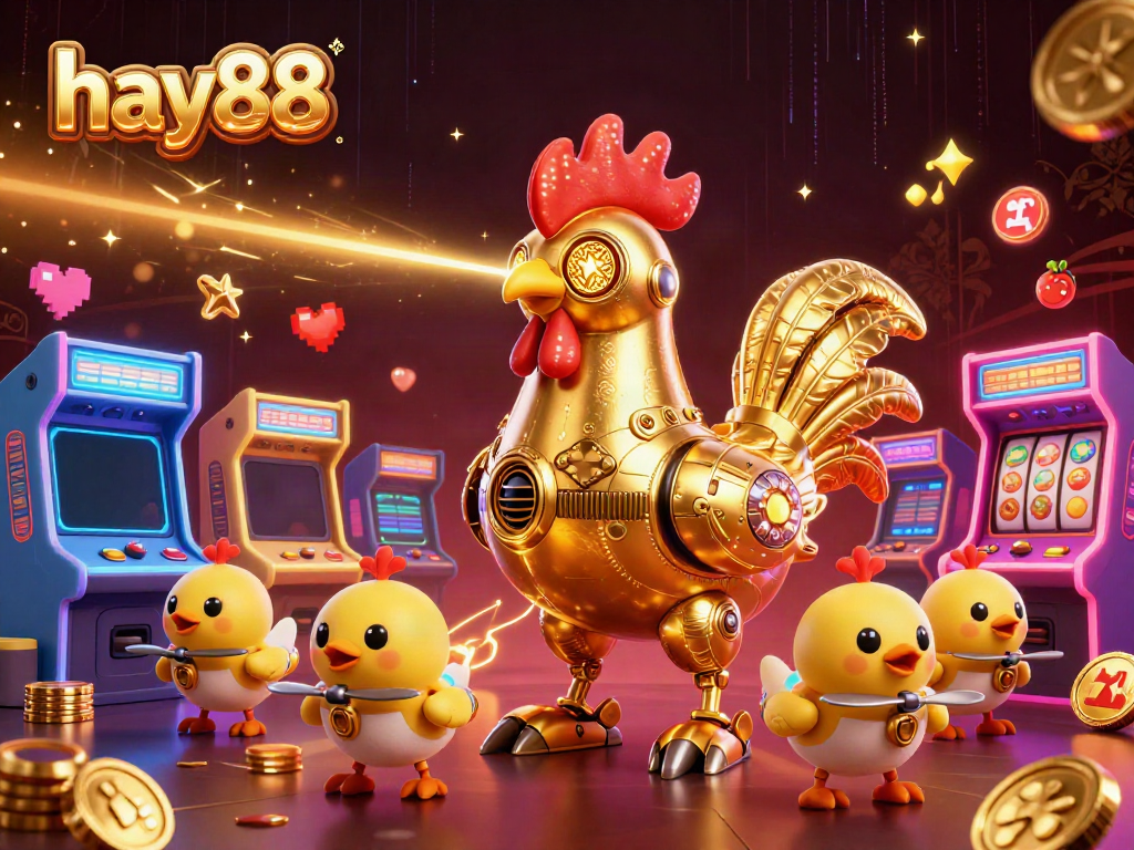 Experience thrilling gameplay with hay88, featuring a golden rooster robot and vibrant gaming elements.