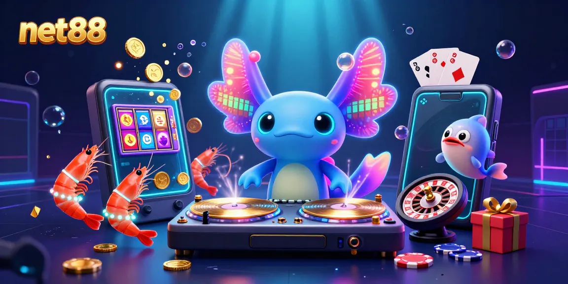 Celebrate winning moments at net88 with a vibrant underwater casino DJ party atmosphere featuring colorful games and characters.