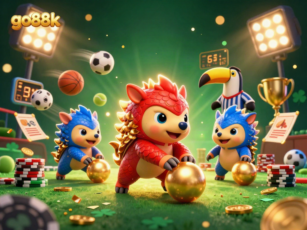 Engage with go88k through a dynamic cartoon scene showcasing pangolins in a vibrant casino setting.