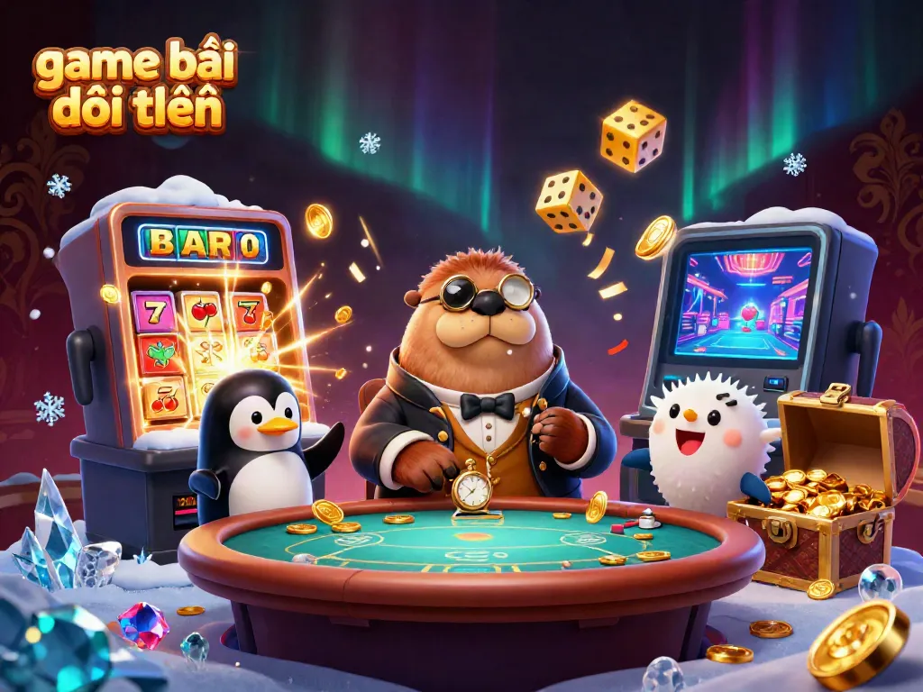 Engage in thrilling game bài đổi thưởng with a walrus at a poker table, surrounded by dazzling casino elements.