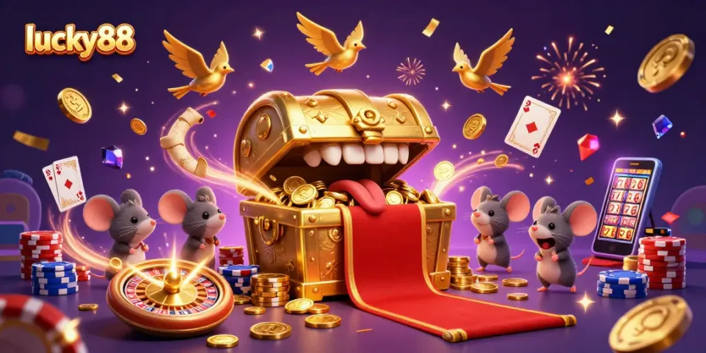 Experience excitement at lucky88 with dynamic casino action, cascading coins, and vibrant energy.