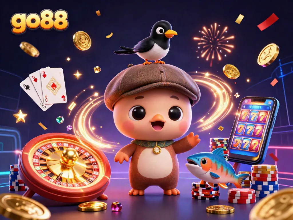 Engage with go88's thrilling casino atmosphere featuring playful characters and exciting gaming elements.