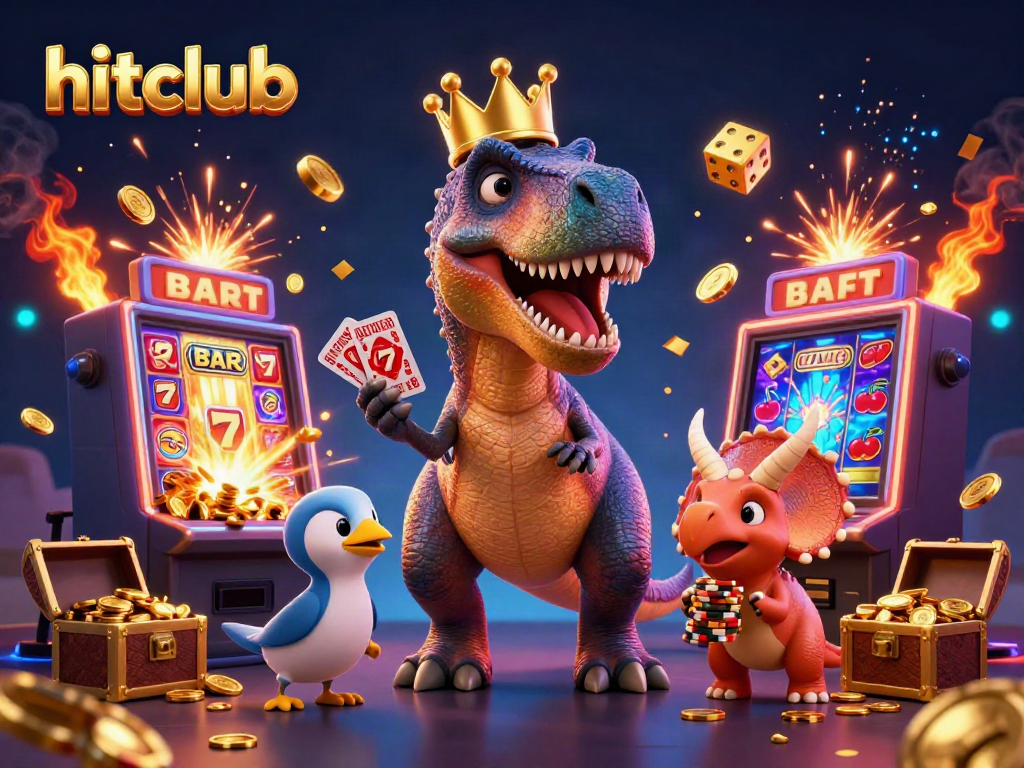 Experience hitclub's vibrant casino adventure with cartoon dinosaurs amid a thrilling jackpot spectacle.