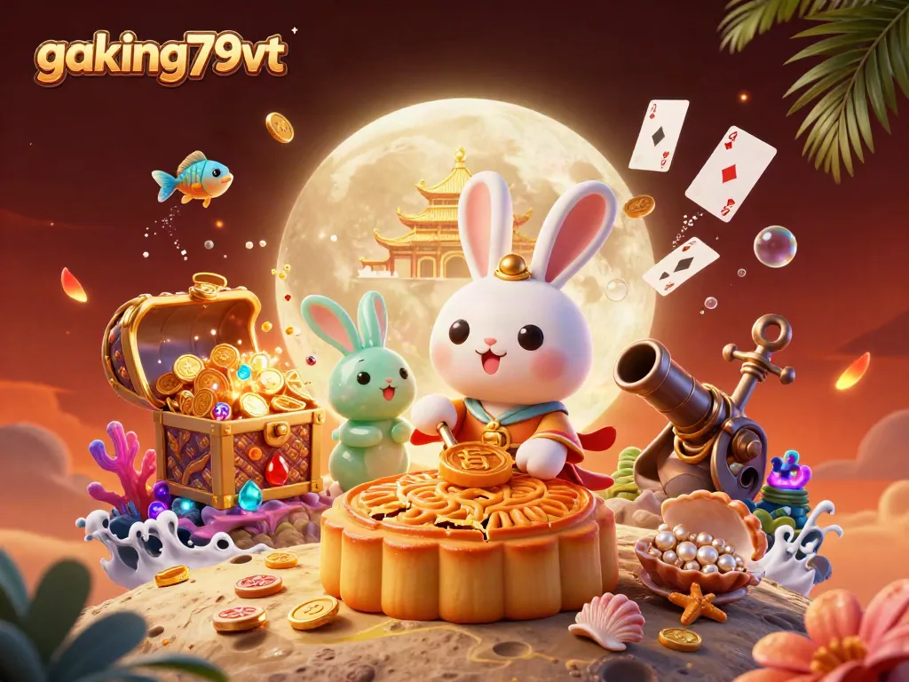 Experience thrilling action at gaking79vt, featuring a moon rabbit and poker chips in vibrant casino-themed illustration.