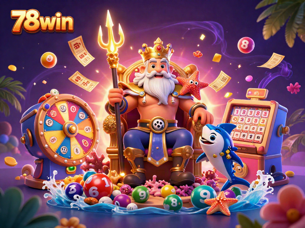 Experience the thrill of 78win with a vibrant 3D casino scene featuring Neptune and exciting lottery elements.