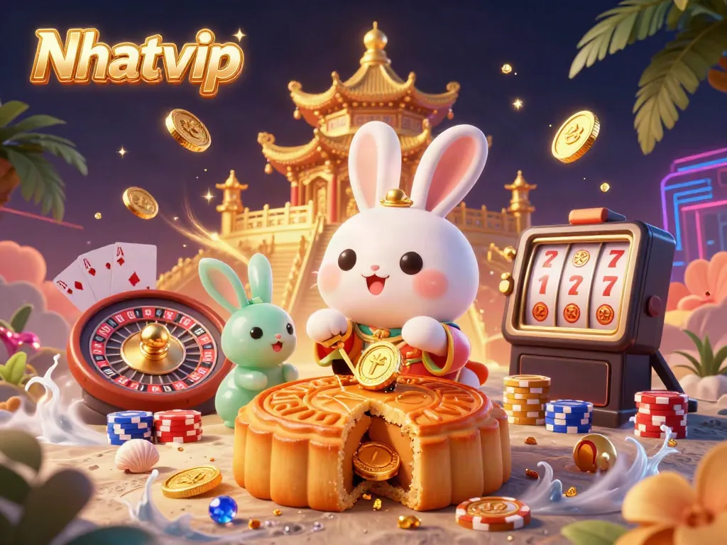 Nhatvip showcases a lively scene with a moon rabbit retrieving poker chips, signaling fun and engaging gaming experiences.