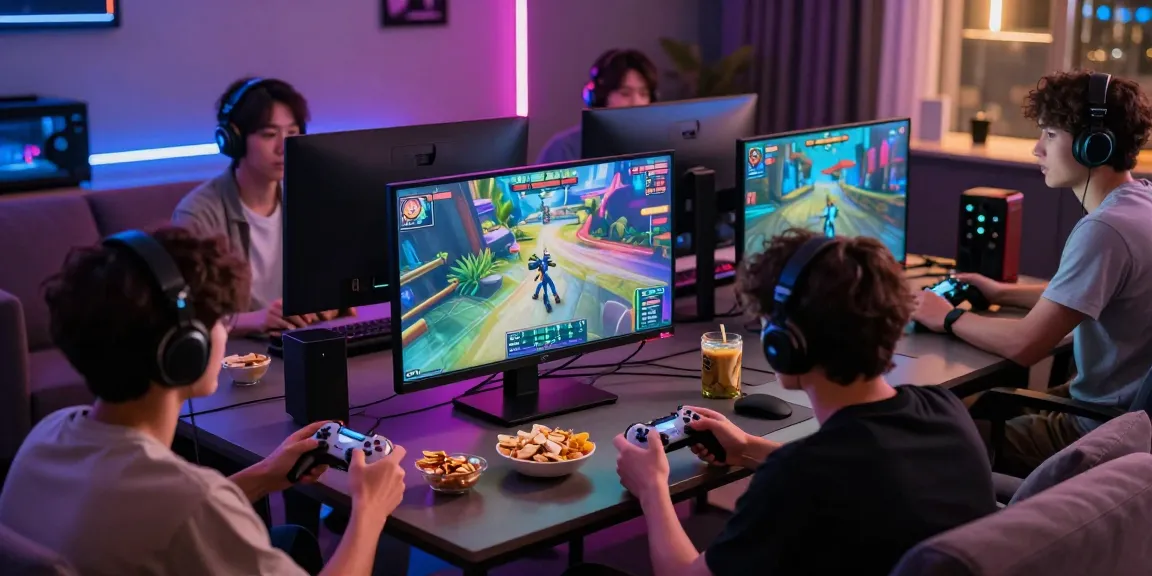 Exciting gaming night with friends playing kilat 404 on a large screen, colorful atmosphere