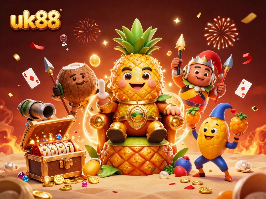 Engage with uk88’s vibrant casino world featuring a pineapple king amidst slot reels and treasure.