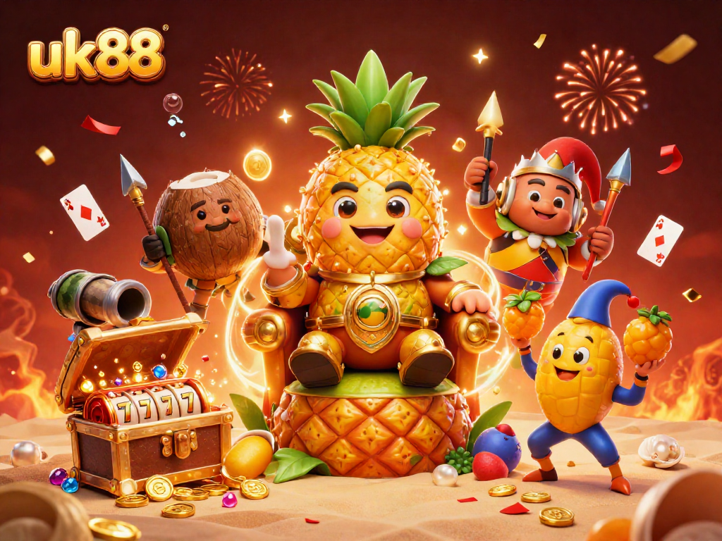 Engage with uk88’s vibrant casino world featuring a pineapple king amidst slot reels and treasure.