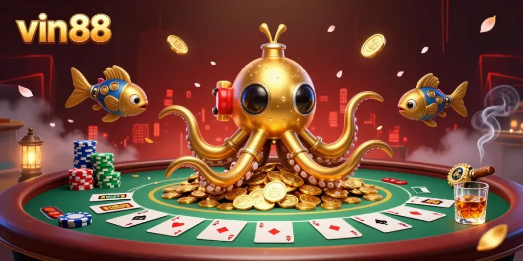 Experience thrilling gameplay at vin 88 with a golden kraken submarine amidst poker elements in a vibrant scene.