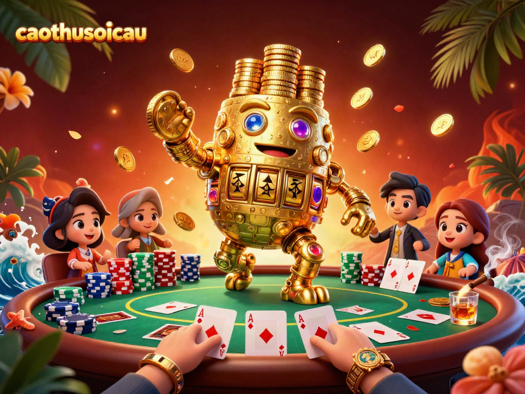 Spin reels with caothusoicau's golden golem amidst vivid poker elements and vibrant casino atmosphere.