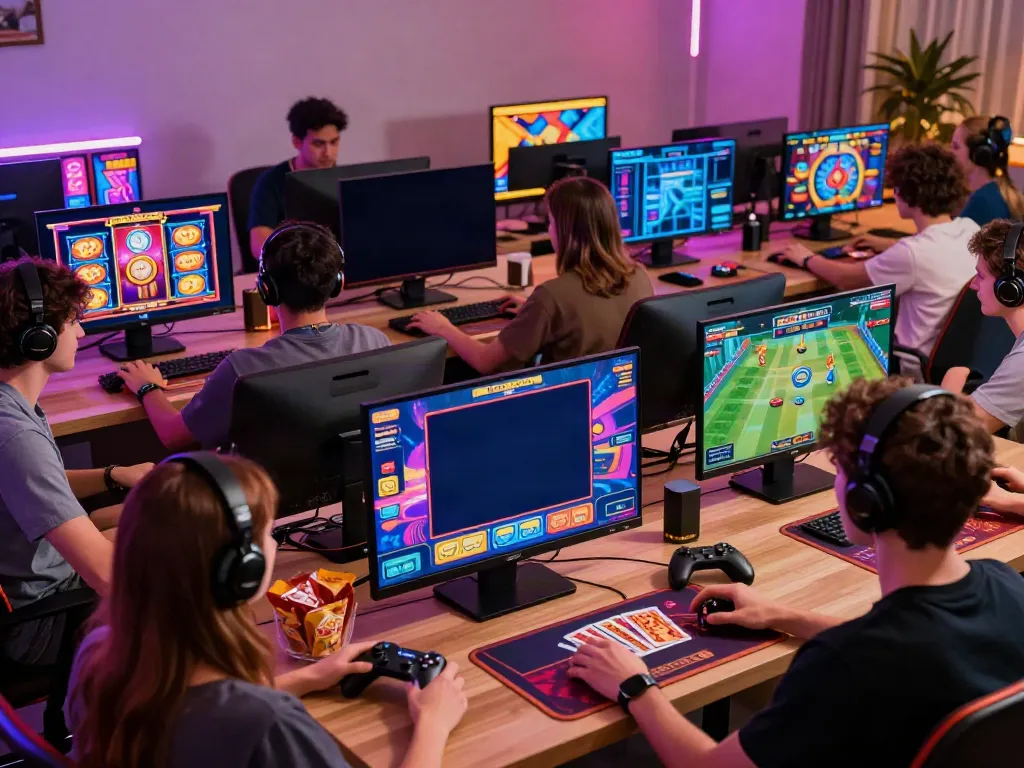 Engaging scene of players enjoying diverse games at cổng game hitclub in a modern gaming setup.