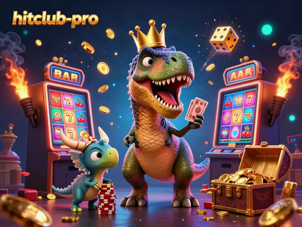Hitclub-pro characters enjoying a vibrant casino scene filled with slot machines and chips.