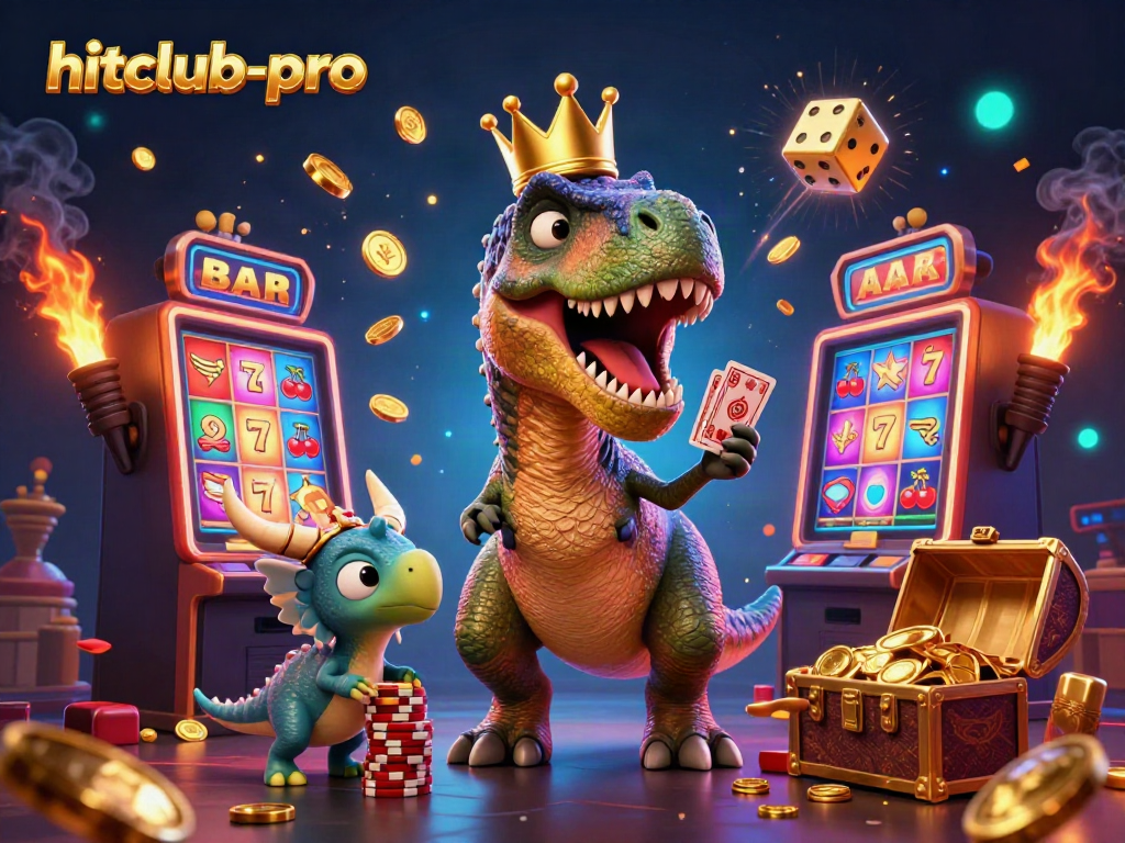 Hitclub-pro characters enjoying a vibrant casino scene filled with slot machines and chips.