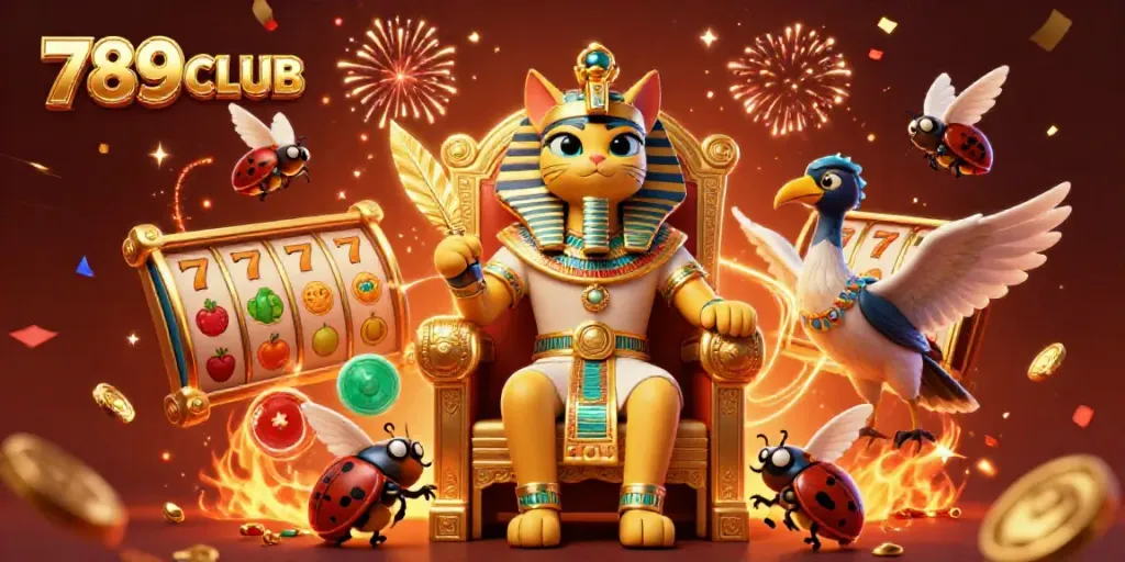Experience the action with 789CLUB featuring an Egyptian pharaoh cat and vibrant casino elements.