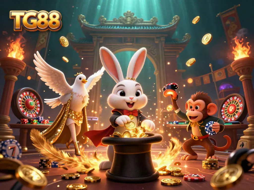 Experience the thrill of TG88 with a vibrant 3D magician pulling golden coins at a lively casino scene.