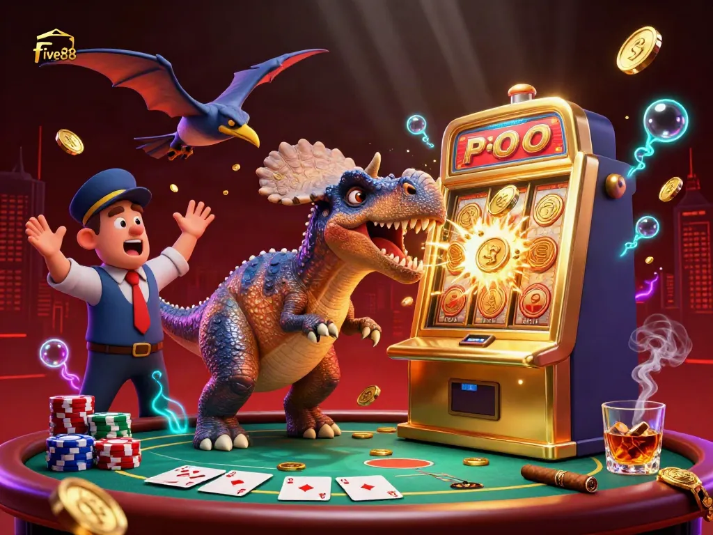 Celebrate winnings at five88 with a lively dinosaur casino scene filled with fun and excitement.
