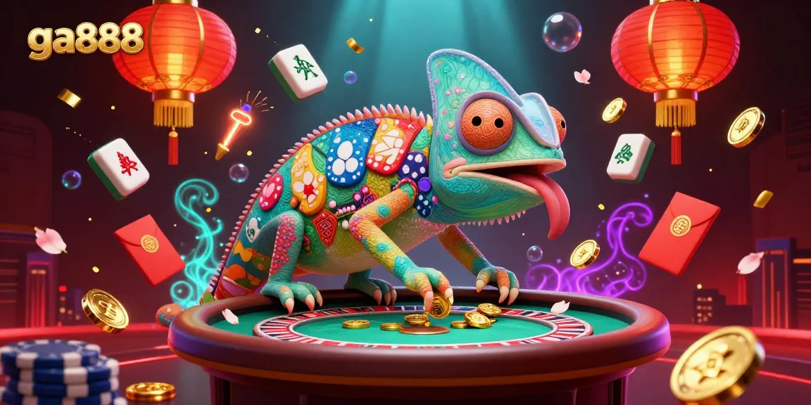 Experience the thrilling casino adventure at ga888 with a vibrant chameleon owner amidst dynamic gambling elements.