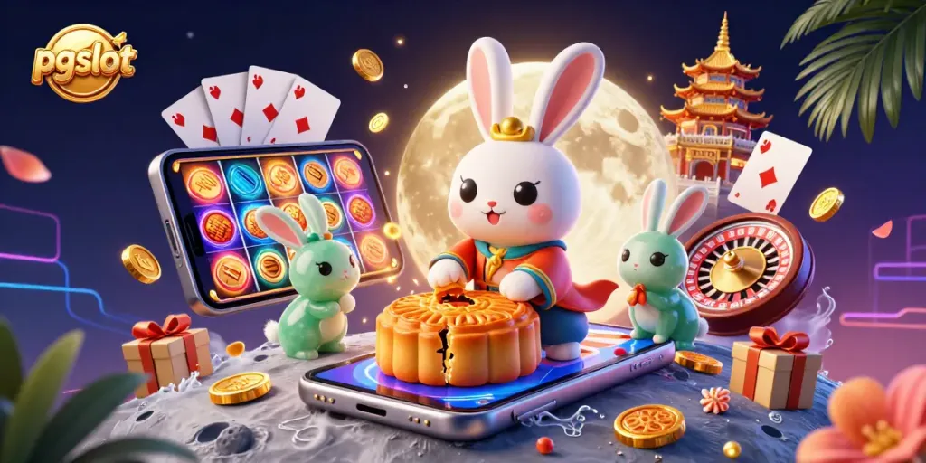 Experience exciting pg slot games with a vibrant 3D illustration of gambling elements and characters.