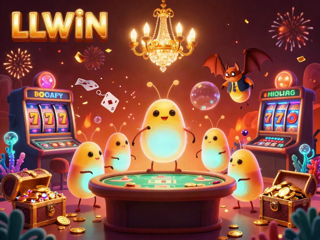 Join the mesmerizing world of LLWIN with lively glowworms illuminating an exciting casino adventure filled with gold coins and neon lights.