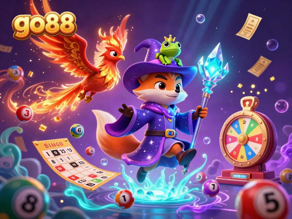Spin and win with go88 in a magical casino filled with colorful lottery elements and characters.
