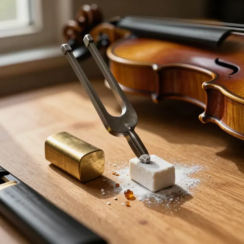 Tuning fork, kalafonia i tłumik na jasnym drewnie w miękkim świetle