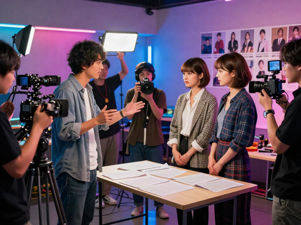 日本AV拍摄现场，导演指导演员，充满活力的灯光和设备。