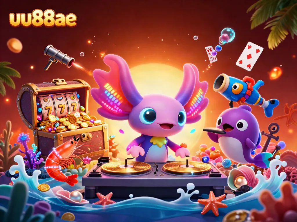 Experience the vibrant energy of uu88ae with a neon axolotl DJ and lively gaming scene.