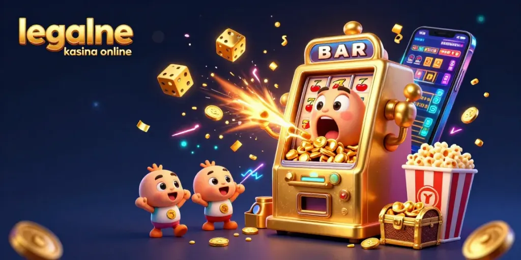 Catch the excitement of legalne kasyna online as a golden slot machine celebrates its jackpot, surrounded by cheering machines.
