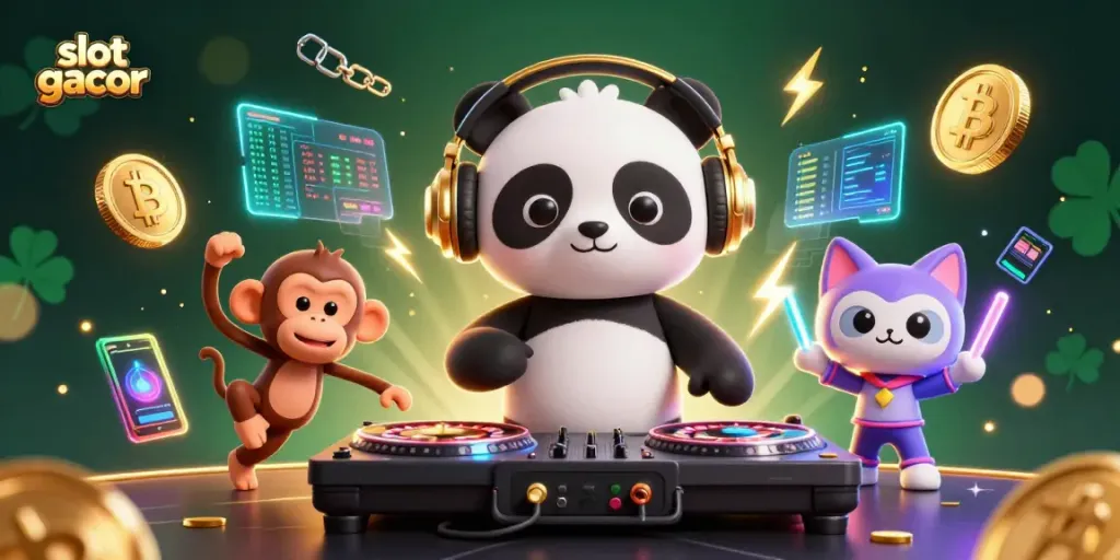 Engage with slot gacor in a vibrant 3D scene featuring spinning reels, DJ panda, and neon coins.