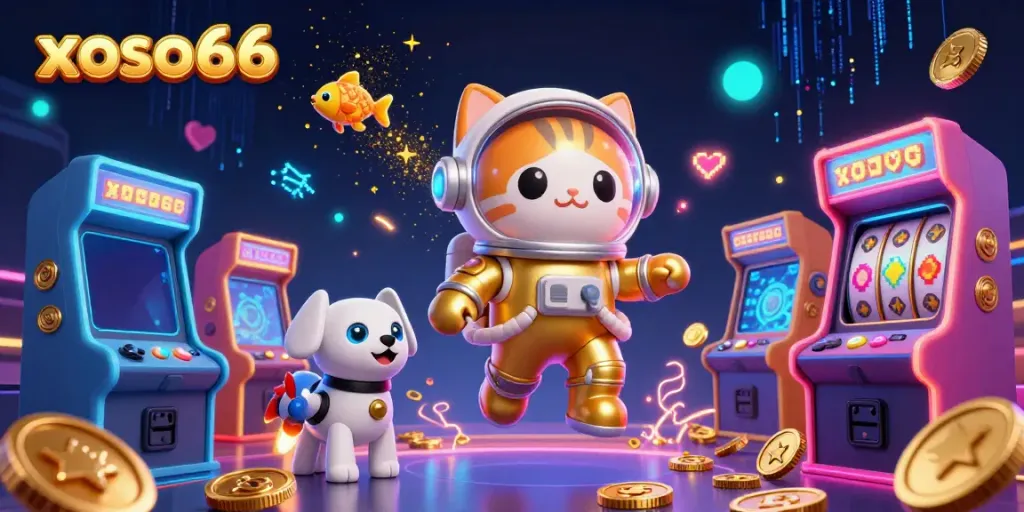 Xoso66 presents a vibrant 3D casino scene featuring a cartoon astronaut cat and a robotic dog amidst dynamic slot machines and a jackpot counter.