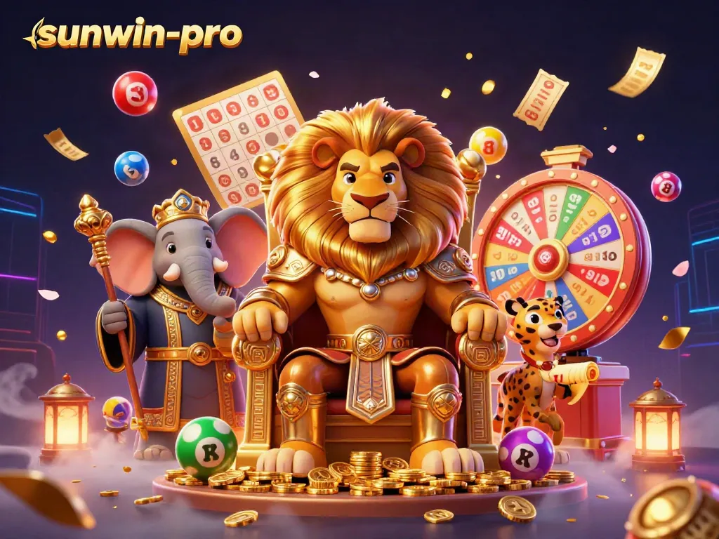 Engage in the exciting world of sunwin-pro with a lion king on a throne, surrounded by vibrant casino elements.