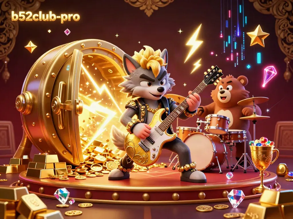 Engage with the thrilling entertainment of b52club-pro through a cartoon rock star and vibrant casino elements.