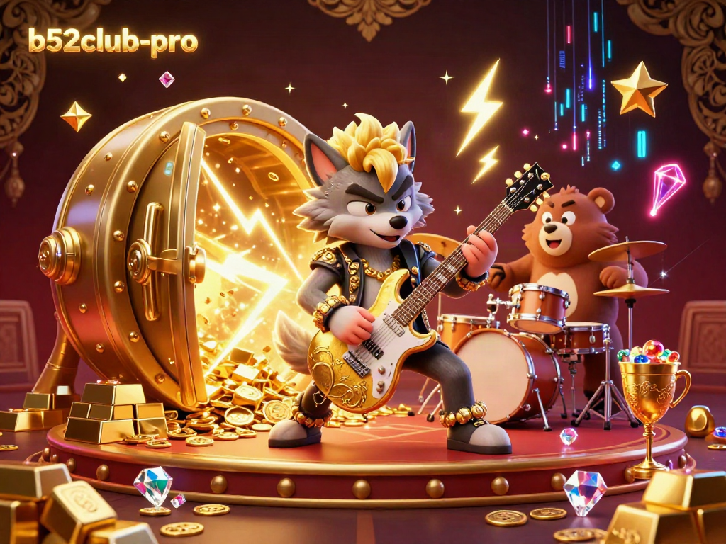 Engage with the thrilling entertainment of b52club-pro through a cartoon rock star and vibrant casino elements.