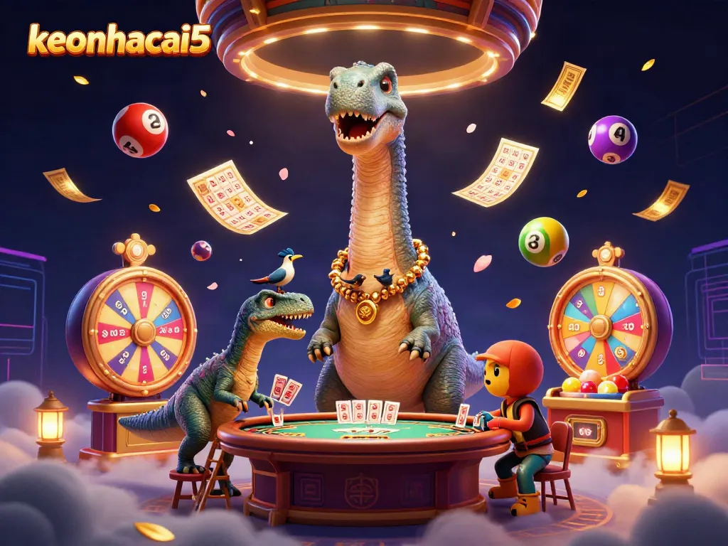 Engage with keonhacai5's vibrant 3D casino scene featuring a playful brontosaurus and clever raptor.