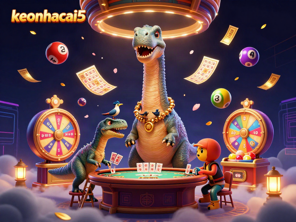 Engage with keonhacai5's vibrant 3D casino scene featuring a playful brontosaurus and clever raptor.