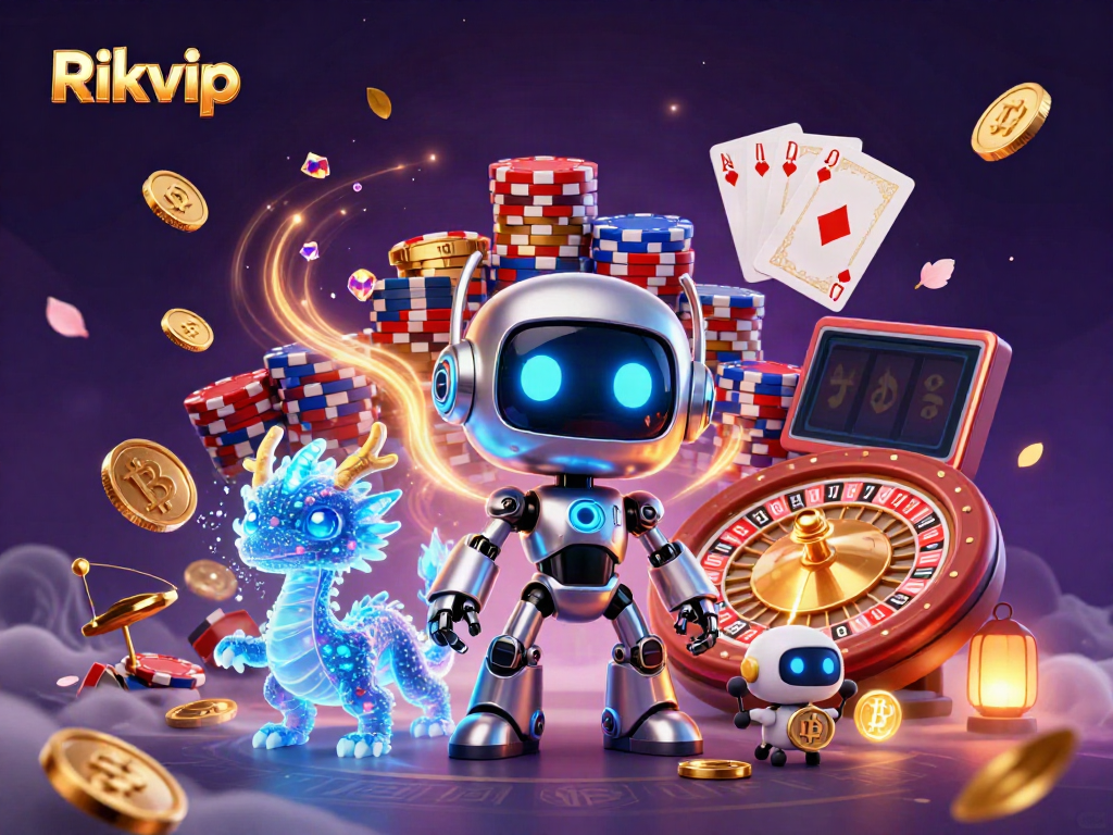 Engage in thrilling gaming action at Rikvip with a vibrant 3D illustration showcasing dynamic casino elements and characters.