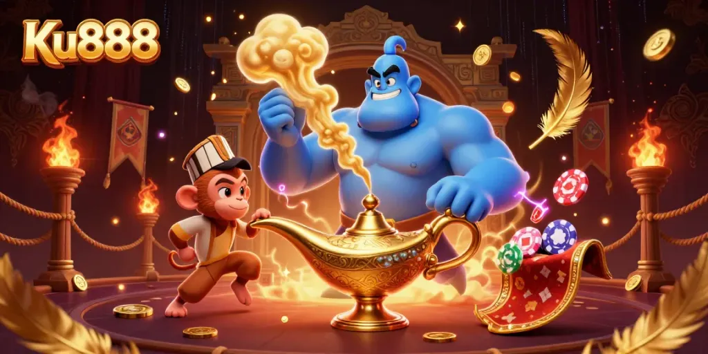 Experience thrilling wins with Ku888 in an exciting gambling adventure featuring a genie and treasures.