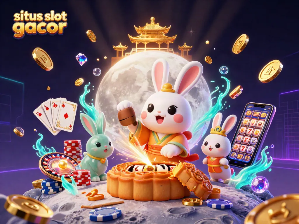 Situs slot gacor celebrations with a moon rabbit and casino elements highlighting excitement and fortune.