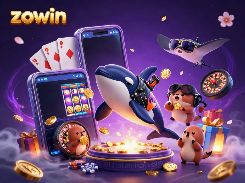 Zowin offers an exciting casino experience with a playful orca and friends surrounded by colorful slot games and golden coins.