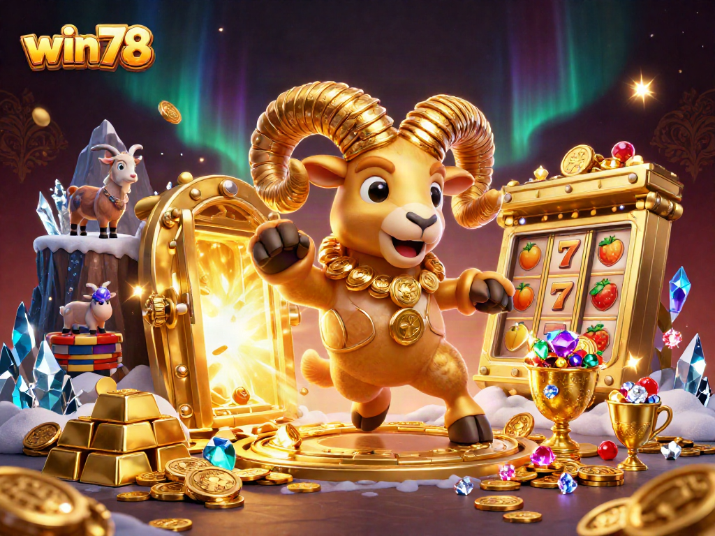 Win78 showcases an electrifying casino scene filled with golden treasures and playful characters.