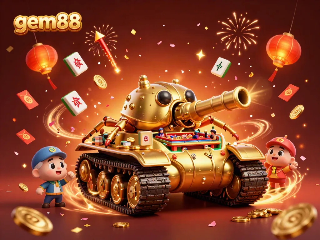 Experience the excitement of gem88 with a golden beetle tank casino illustration featuring vibrant decorations.