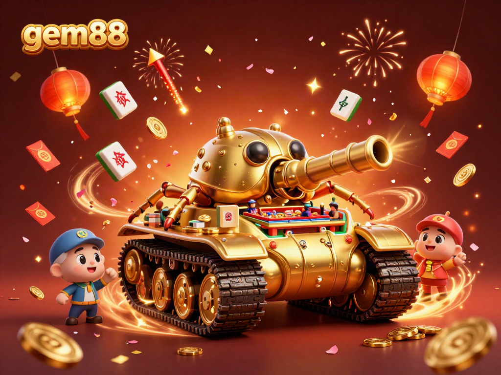 Experience the excitement of gem88 with a golden beetle tank casino illustration featuring vibrant decorations.