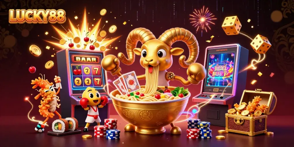 LUCKY88 showcases vibrant casino elements with a golden ramen bowl dealer in a lively 3D scene.