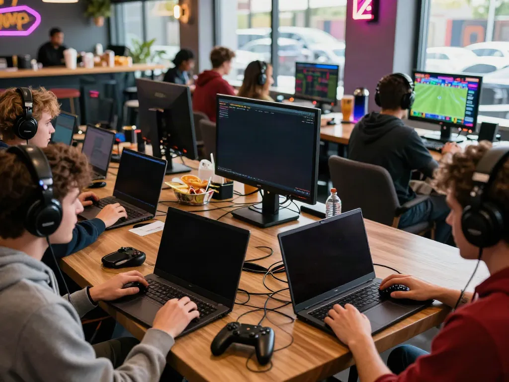 Engaged players in an online gaming cafe at https://five888vin.com/ focusing on casino games and sports betting in a vibrant setting.