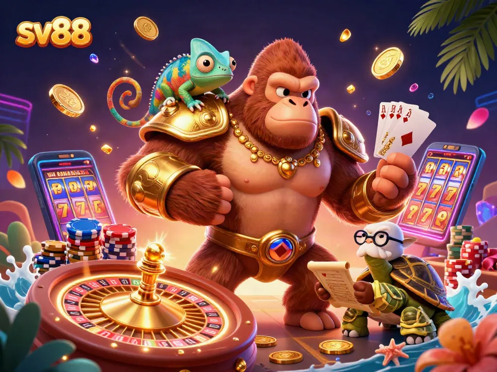 Experience the excitement of sv88 with vibrant casino elements and dynamic characters in this illustration.